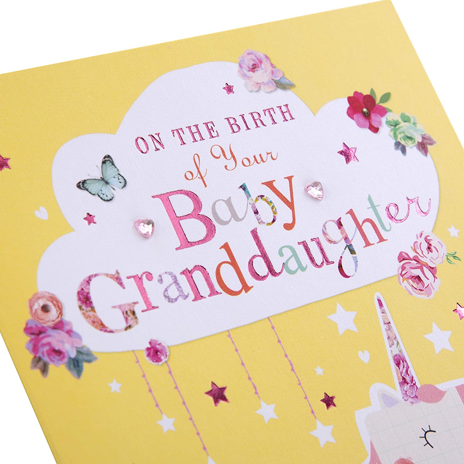 Hallmark New Granddaughter Birth Congratulations Card - Cute Unicorn Design with Pink Foil Details and Gem Attachments - Image 3