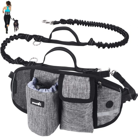 pecute Hands Free Dog Running Leads with Wide Back Support Waist Bag,Adjustable Dog Walking Belt with Multi Pouch & Poo Bag Holder,Durable 2 Handles & Bungees Reflective Jogging Lead,Up to 60KG(Grey)