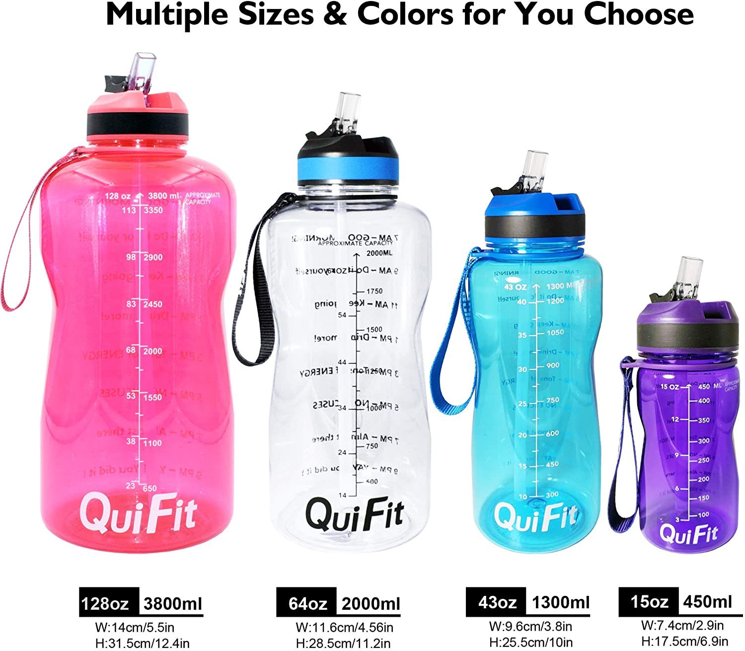 QuiFit 2 Litre Water Bottle with Straw & Time Marker, Large Capacity