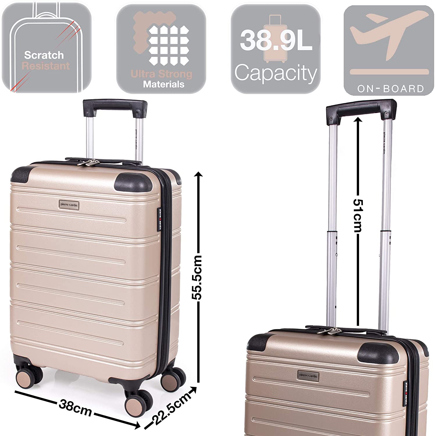 Pierre Cardin ABS Hard Shell 22 Inch Suitcase - Cabin Approved British Airways Hand Luggage with 8 Spinner Wheels - Image 3