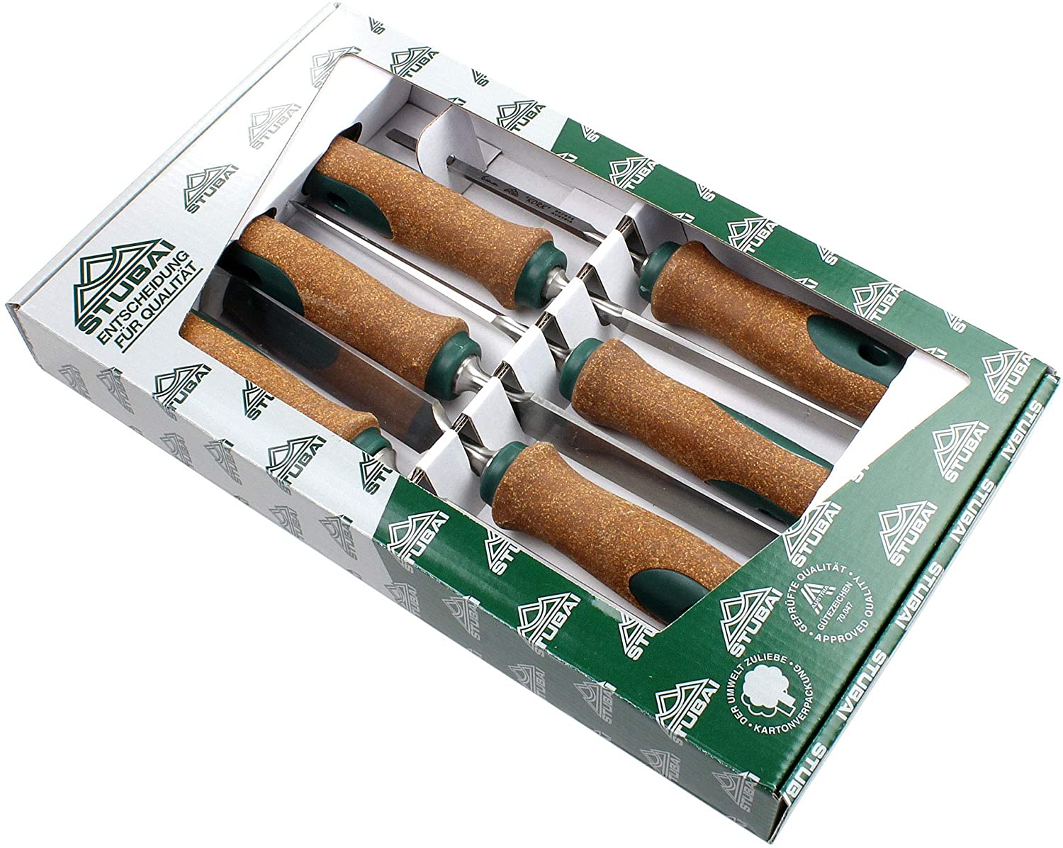 Stubai 357116 "Swedish Type" Special Wood Chisel Set including Cork Handles, Green/Brown/Silver