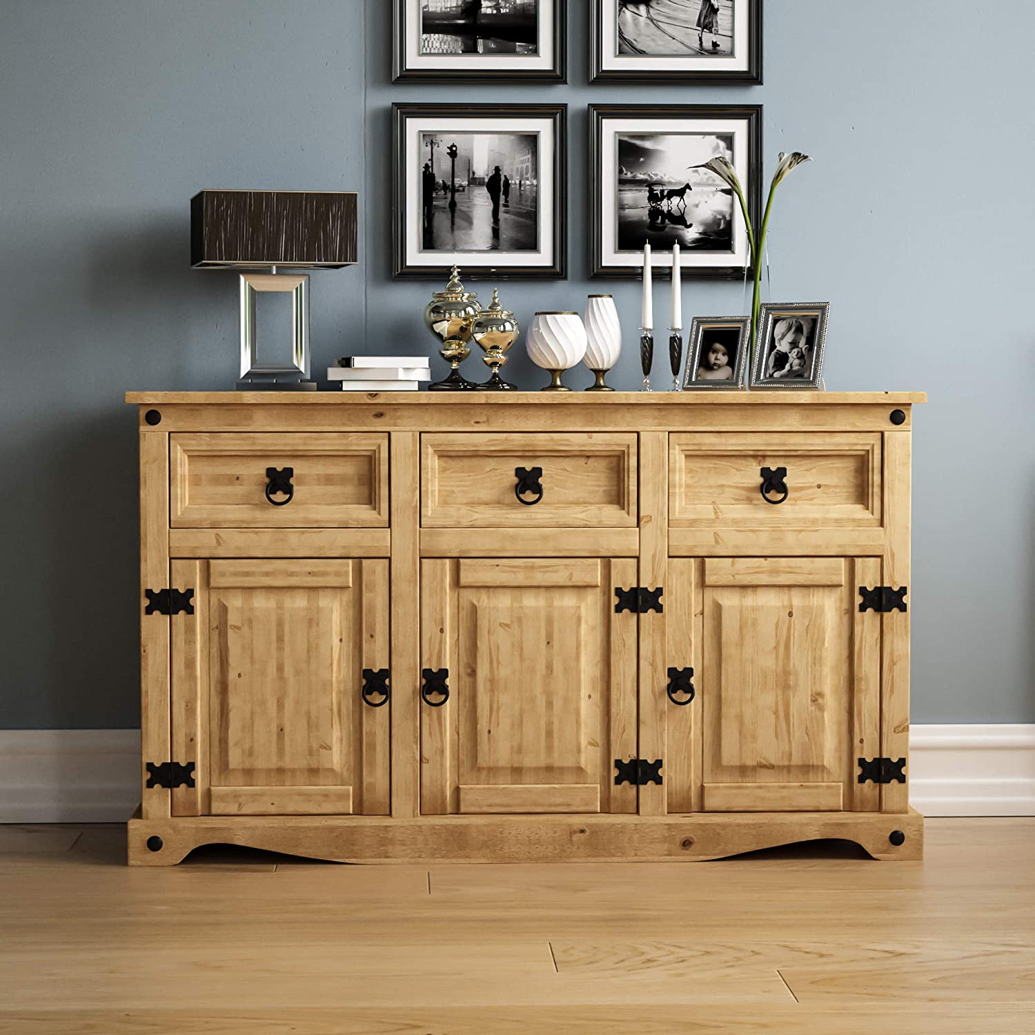Vida Designs Sideboard, 3 Door 3 Drawer, Waxed Solid Pine Wood, Traditional, Rustic, 76 x 125 x 40 cm - Image 2
