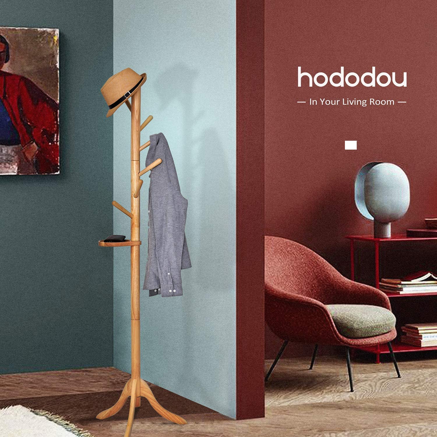 Hododou Coat stand, 2 in 1 Wooden Coat Hat Stand Free Standing with 7