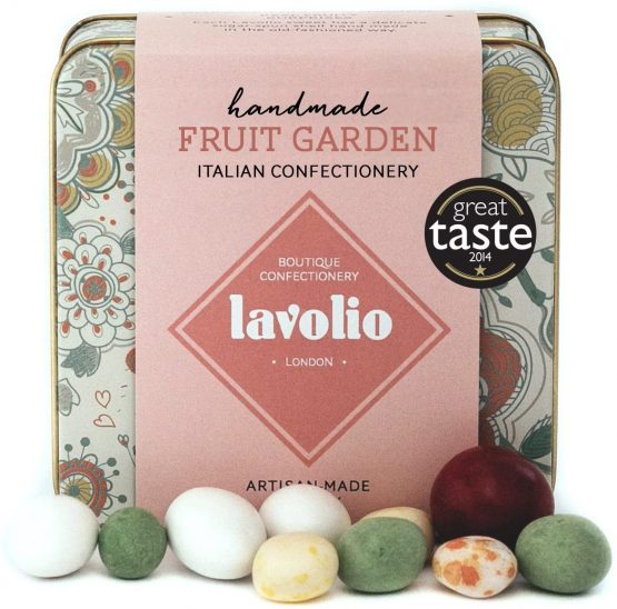 Lavolio Fruit Garden Confectionery Gift Tin (175g) - Premium Selection of Covered Almonds, Real Pieces of Candied Fruits and Chocolate Sweets, Perfect Present for Him or Her