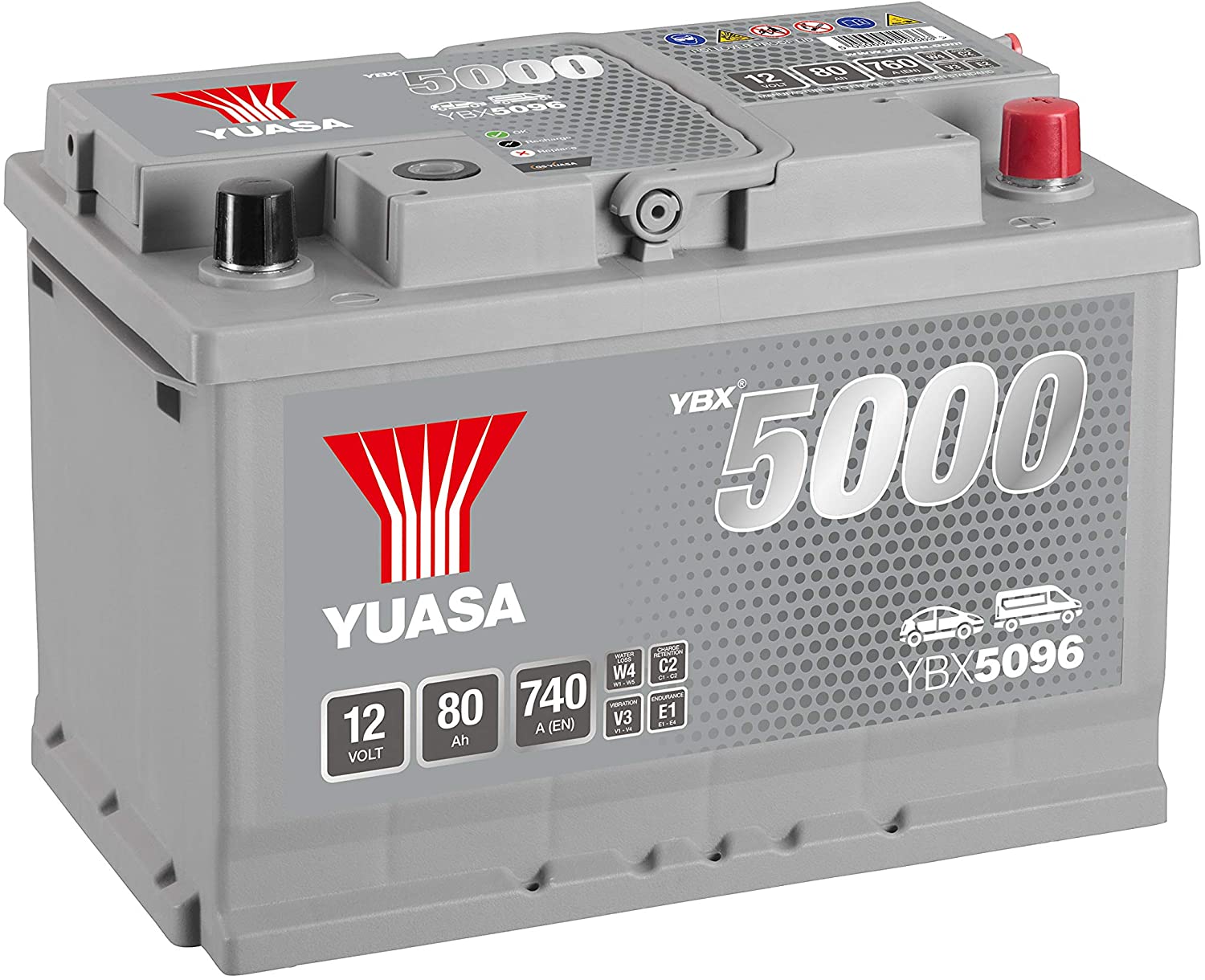 Yuasa YBX5096 12V 80Ah 740CCA Silver High Performance Sealed Maintenance Free Car Battery, 27.8 x 19 x 17.5 centimetres