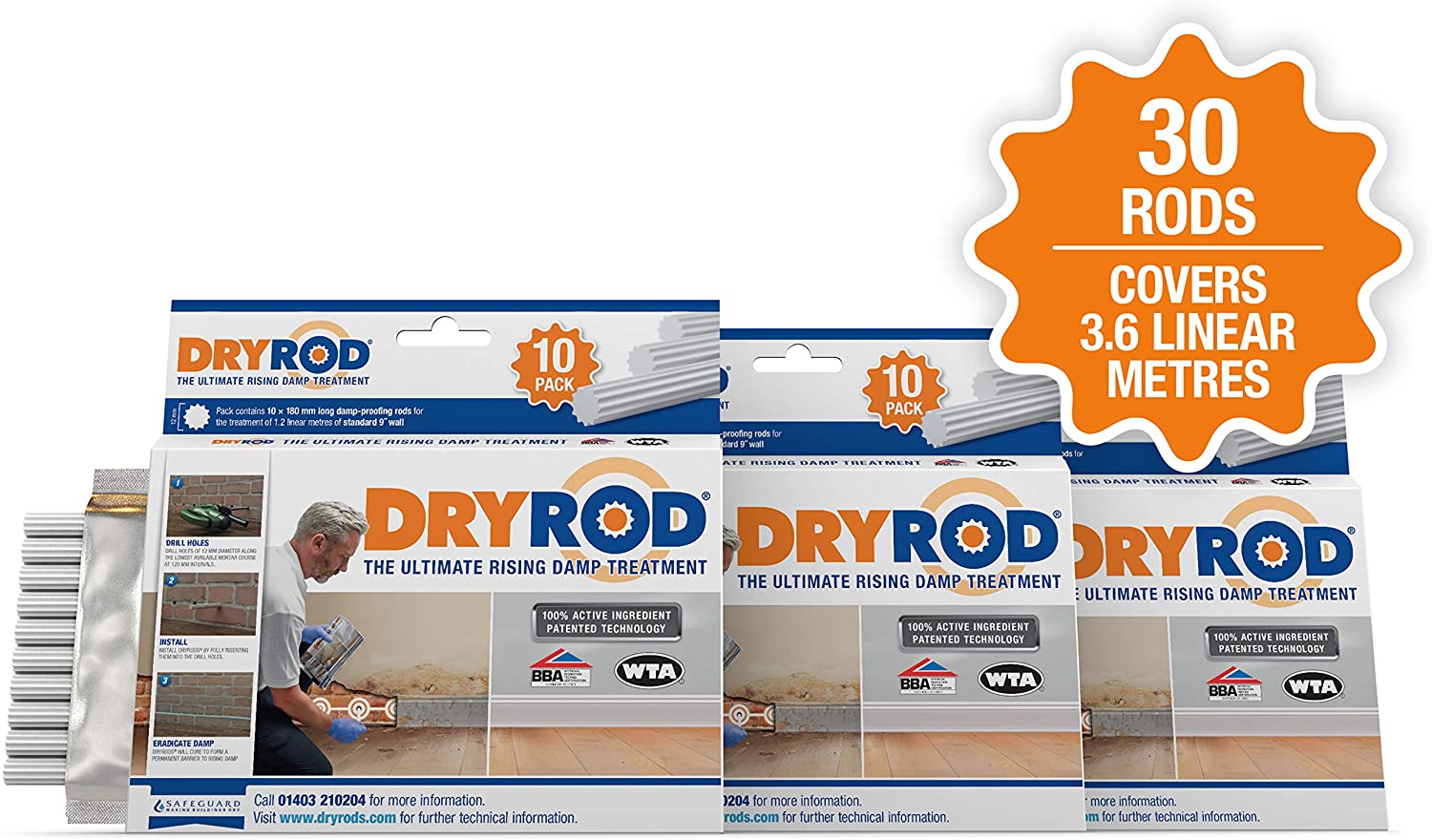 Dryrod Damp Proofing Rods (10 Pack x 3) - BBA-Approved Rising Damp Treatment, Stronger Than DPC Injection Creams. Coverage 3.6m