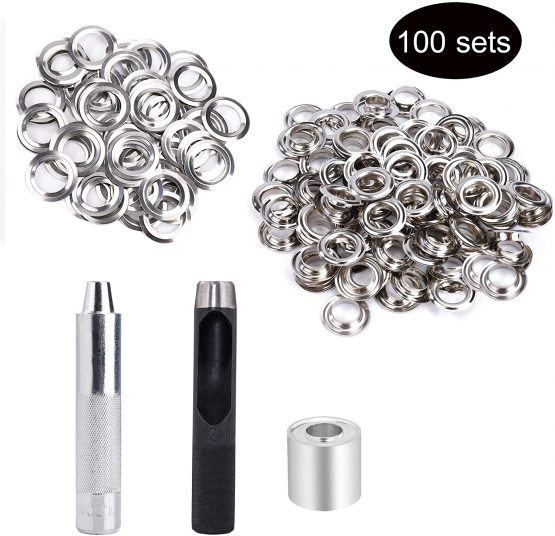 Grommet Kit 100 Sets 1/2 Inch Grommet Eyelets with 3 Grommet Setting Tool and Storage Box for Tarpaulin Fabric Craft Making Silver - Image 2