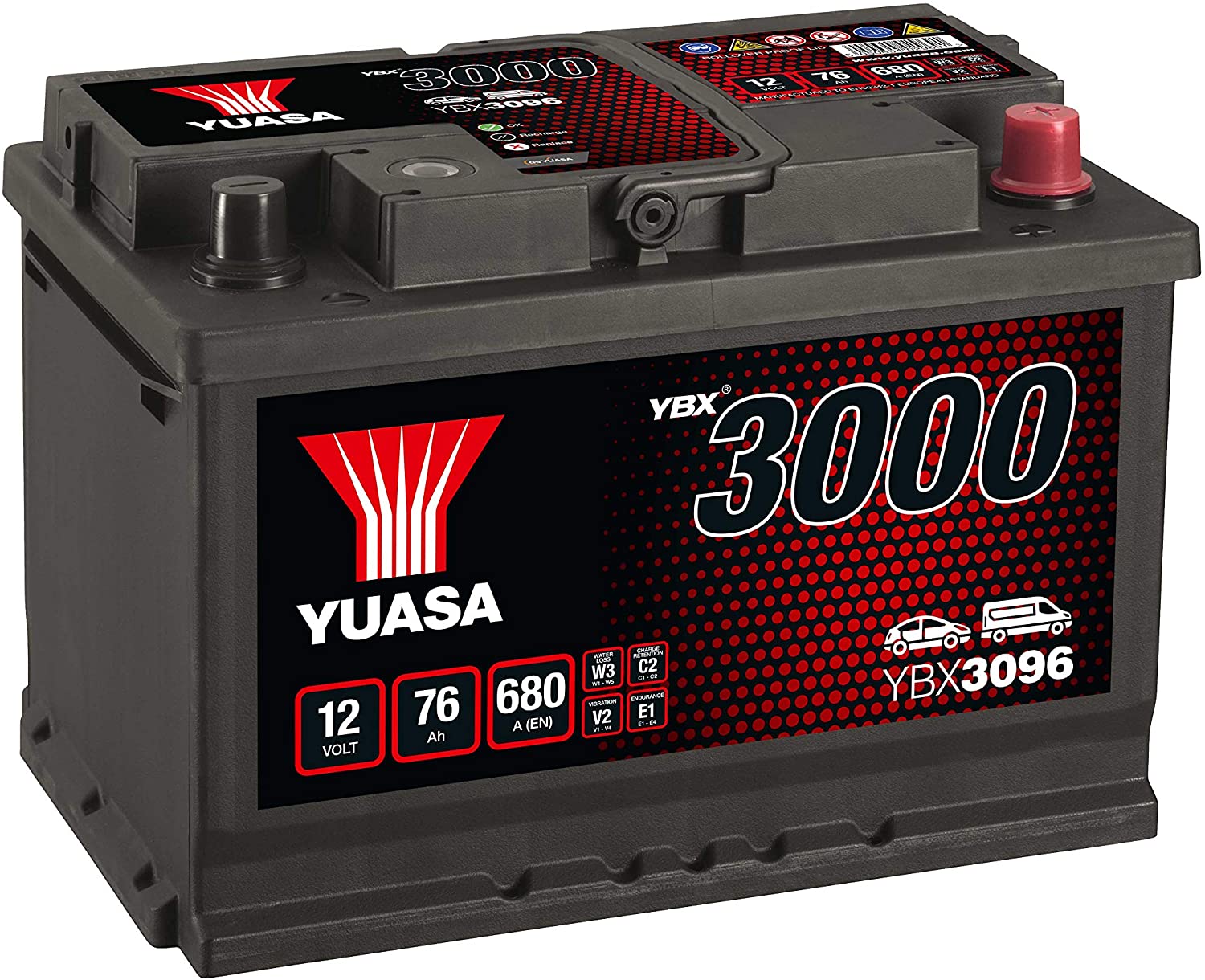 Yuasa YBX3096 12V 76Ah 680CCA Sealed Maintenance Free Car Battery, 27.8 x 19 x 17.5 centimetres