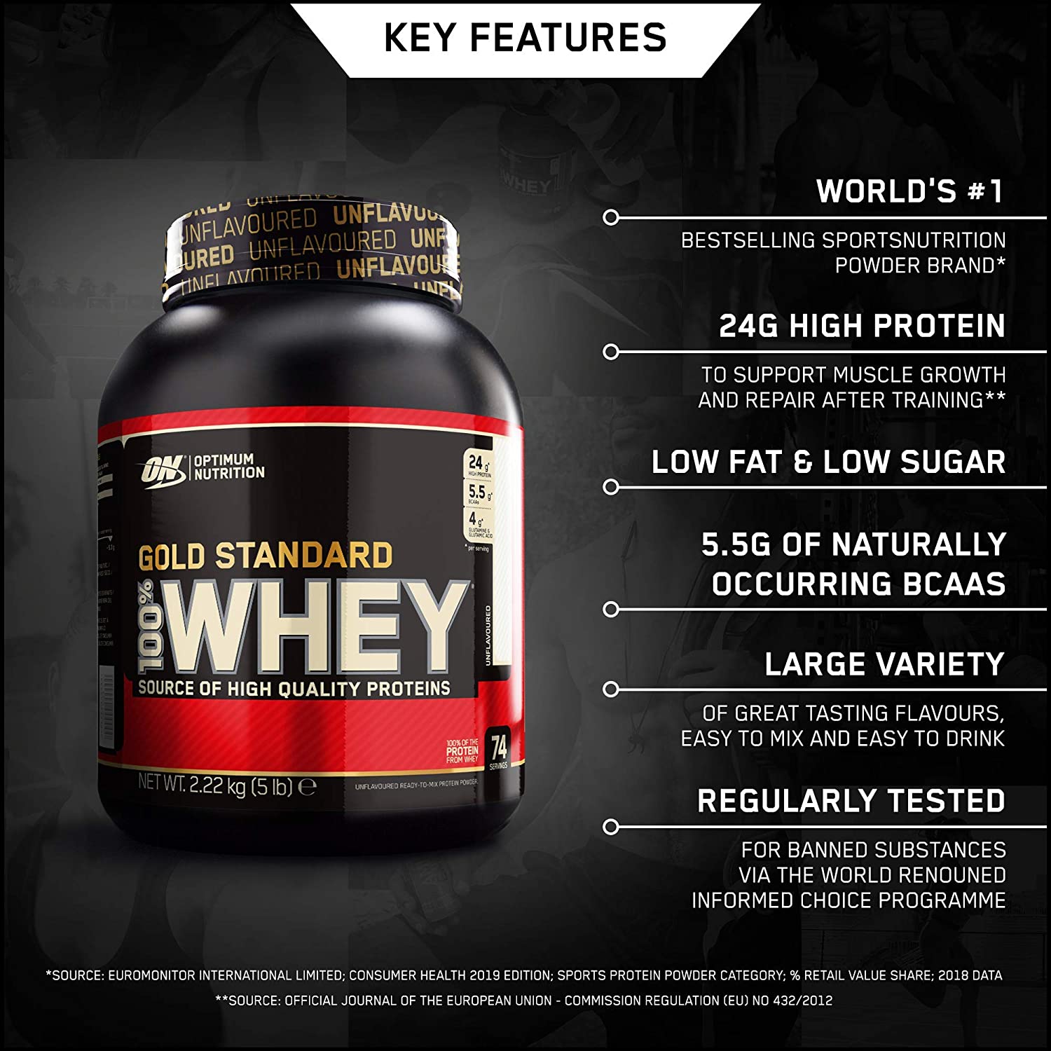 Optimum Nutrition Gold Standard 100% Whey Protein Powder for Muscle Building and Recovery Unflavoured, 2.25kg, 75 Servings - Image 3