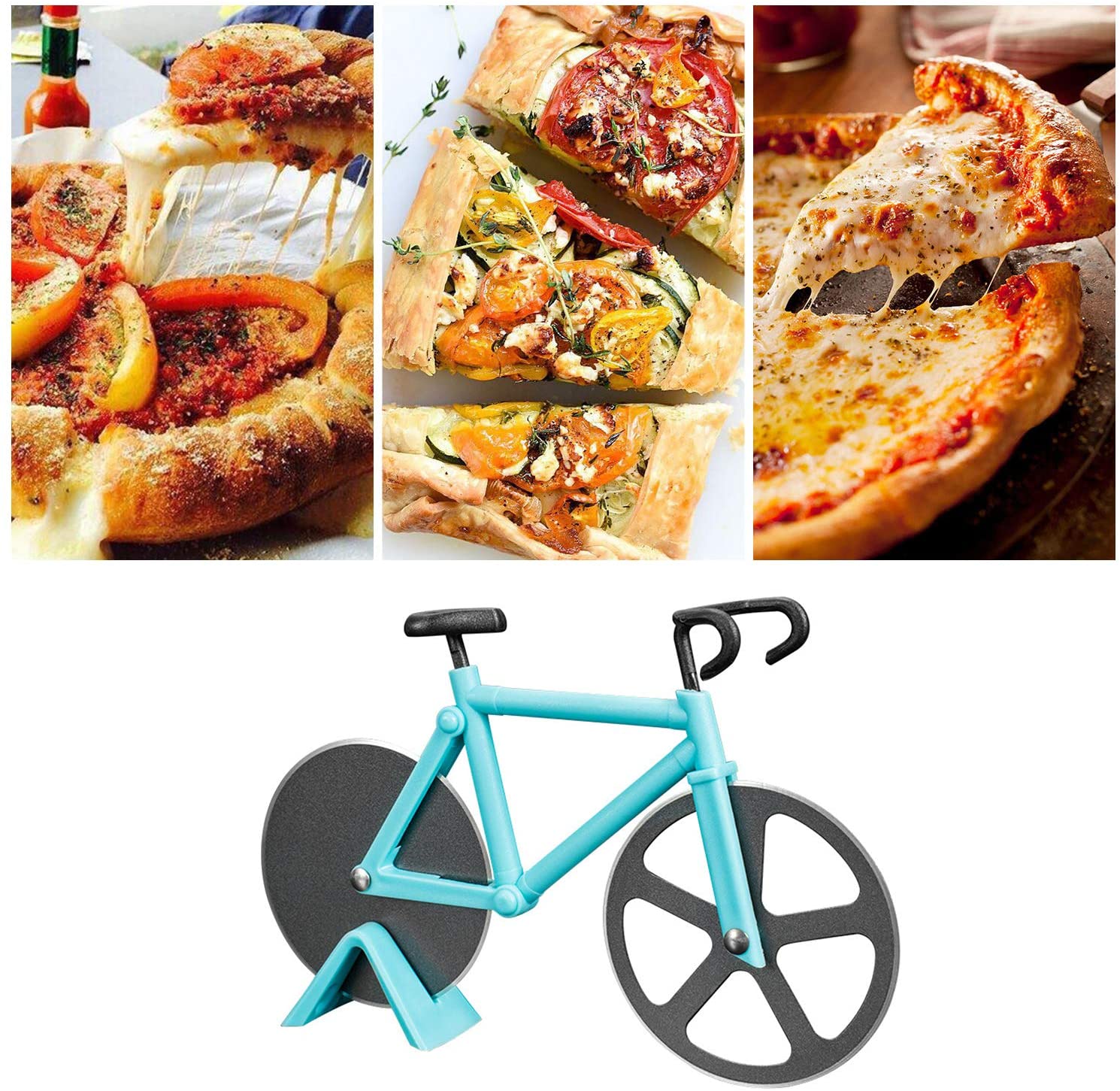 Bicycle Pizza Cutter,Stainless Steel Two-Wheel Bike Pizza Slicer with Sharp Blade for Home Kitchen, Blue - Image 3