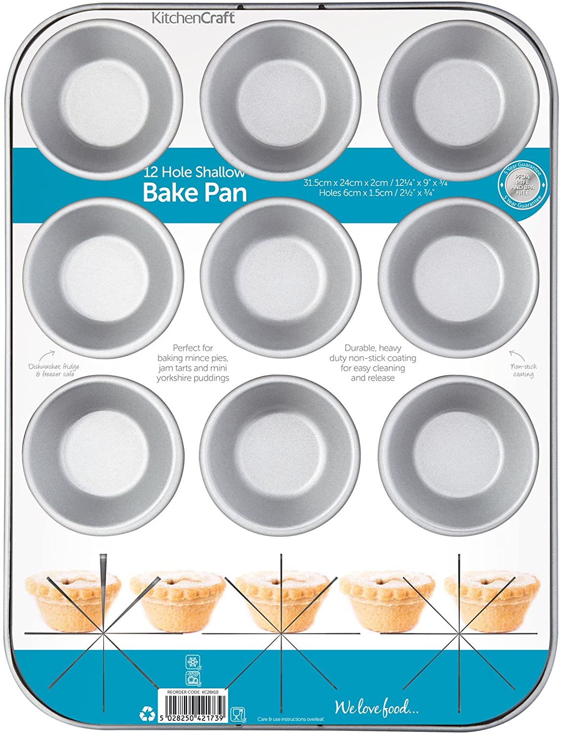 KitchenCraft Non-Stick 12-Cup Shallow Muffin Tin/Mince Pie Tray, 31.5 x 24 cm (12.5" x 9.5"), Silver, Grey, Mediano - Image 2