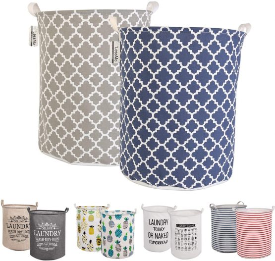 LessMo 2Pcs 19.7" Laundry Hamper, Collapsible Storage Basket With Easy Carry Handles, Waterproof Round Cotton Linen, for Baby Products, Toys, Bedroom Hamper (LUCKY, Thickened 19.7"/Large)