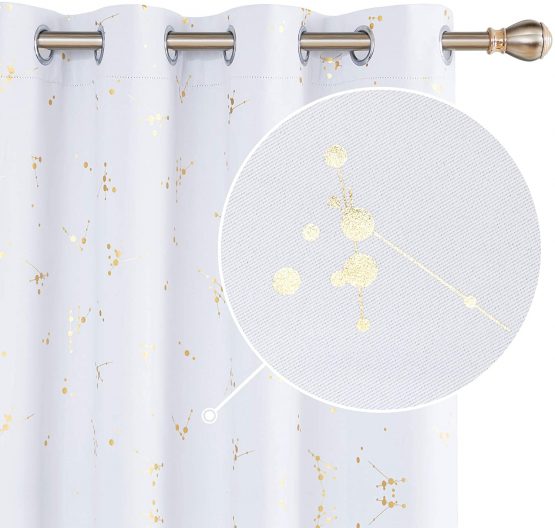 Deconovo Christmas Decorations Eyelet Blackout Curtains, Decoration Constellation Gold Printed Thermal Insulated Curtains for Kids Bedroom, 52 x 84 Inch(Width x Length), Greyish White, 2 panels