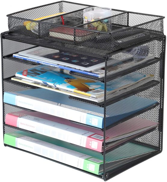 Samstar Letter Tray Organiser, Mesh Desk File Organiser Paper Sorter Holder 5-Tier with 1 Extra Drawer, Black …