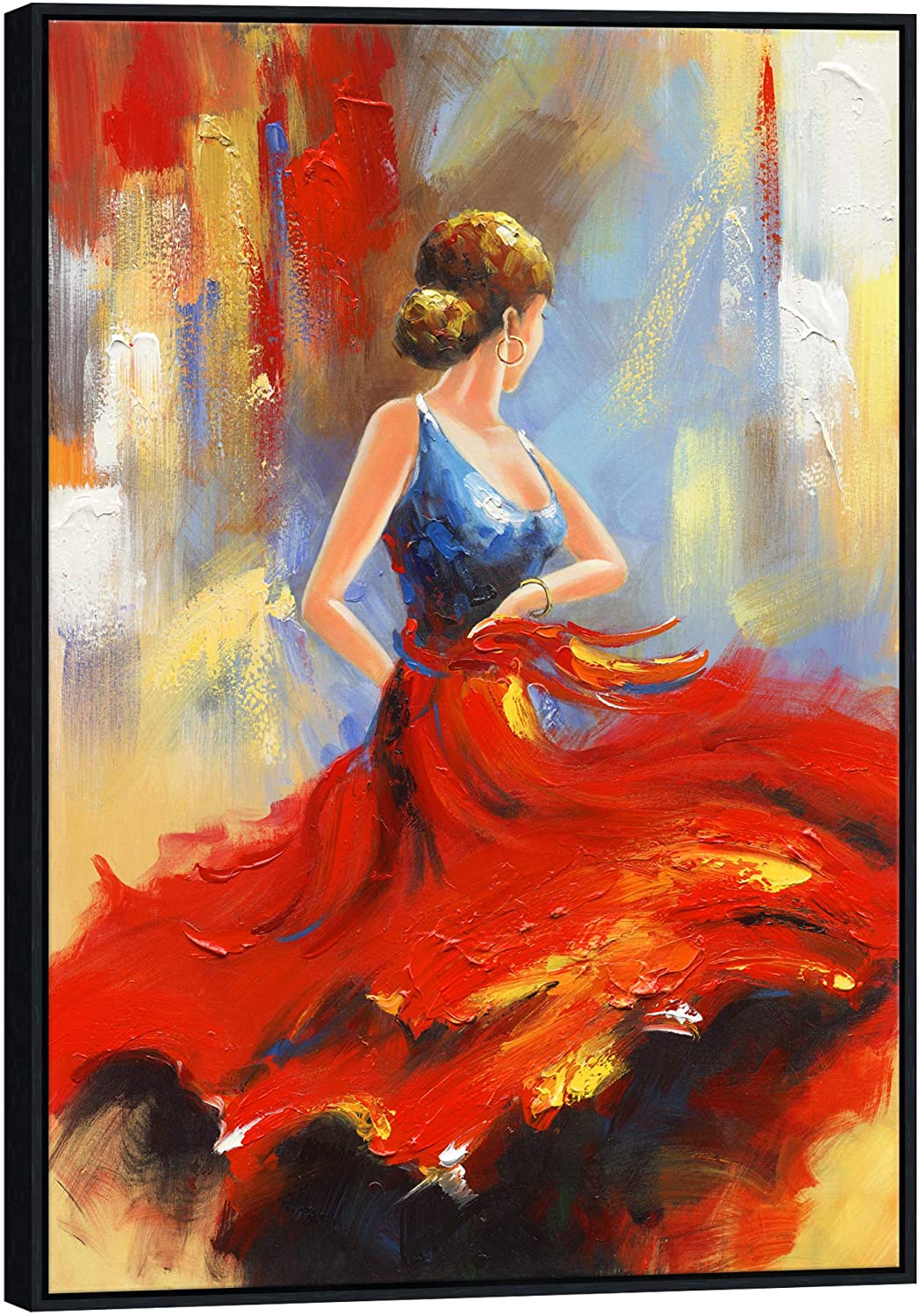 Wieco Art Black Framed Flying Skirt Modern Artwork Abstract Dancing People Oil Paintings on Canvas Wall Art Ready to Hang for Living Room Bedroom Home Decorations Wall Decor