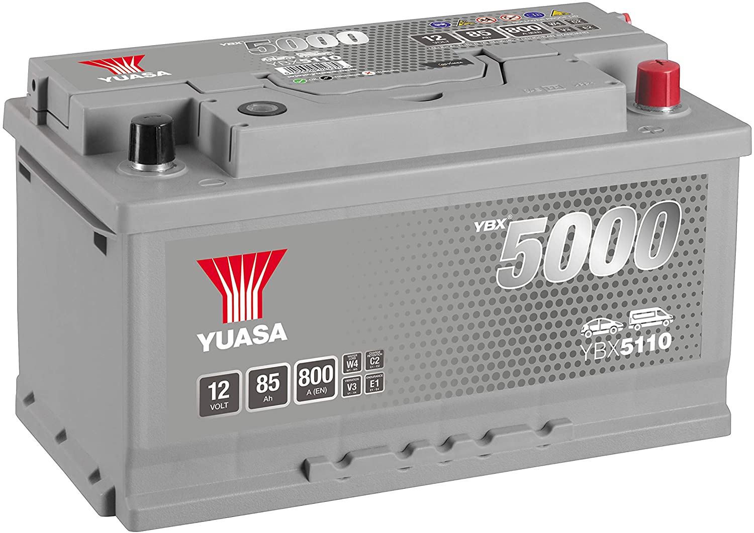 Yuasa YBX5110 12V 85Ah 800CCA Silver Sealed Maintenance Free High Performance Car Battery, 31.7 x 17.5 x 17.5 centimetres