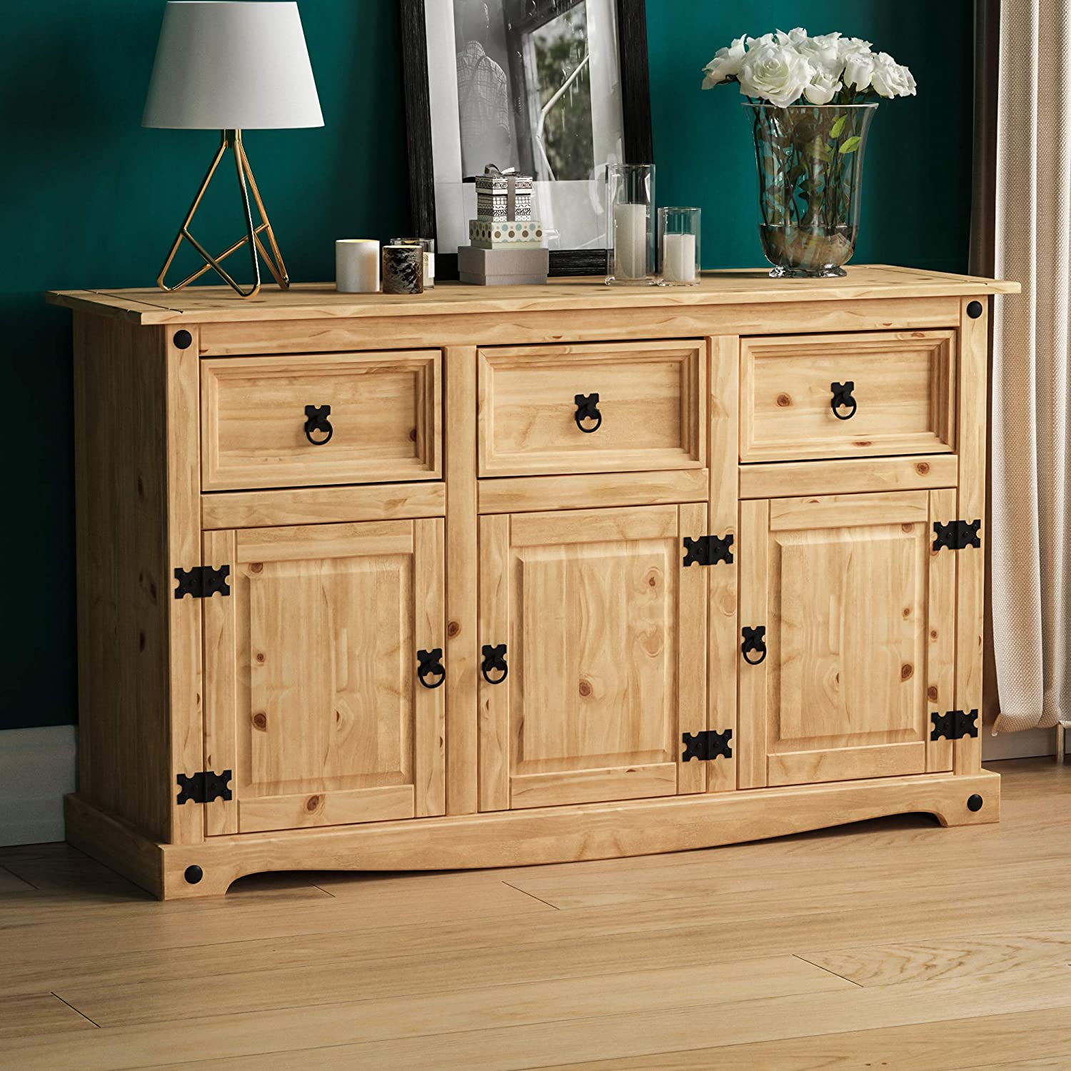 Vida Designs Sideboard, 3 Door 3 Drawer, Waxed Solid Pine Wood, Traditional, Rustic, 76 x 125 x 40 cm