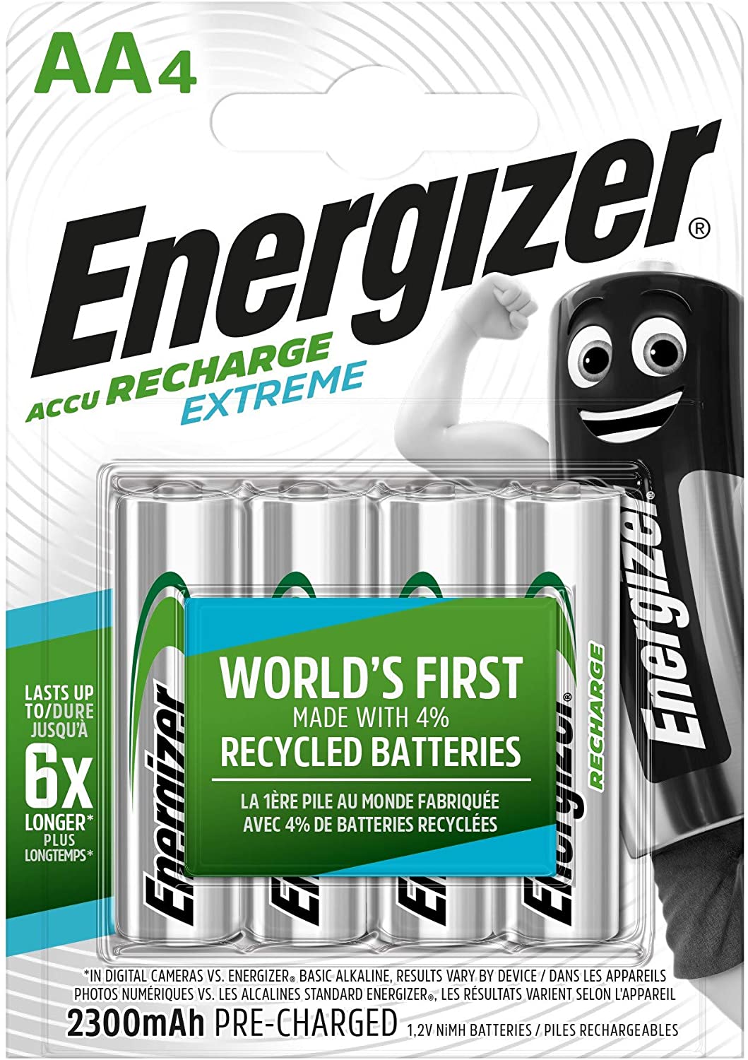 Energizer Accu Recharge Extreme Rechargeable AA Batteries, 4 Pack, Grey