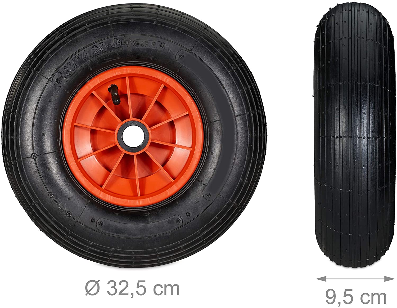 Relaxdays Wheelbarrow Tyre, 4.00-6, Plastic Rim, Pneumatic, 3 Adaptors, Spare Wheel, Black-Red, 325 x 95 mm - Image 4