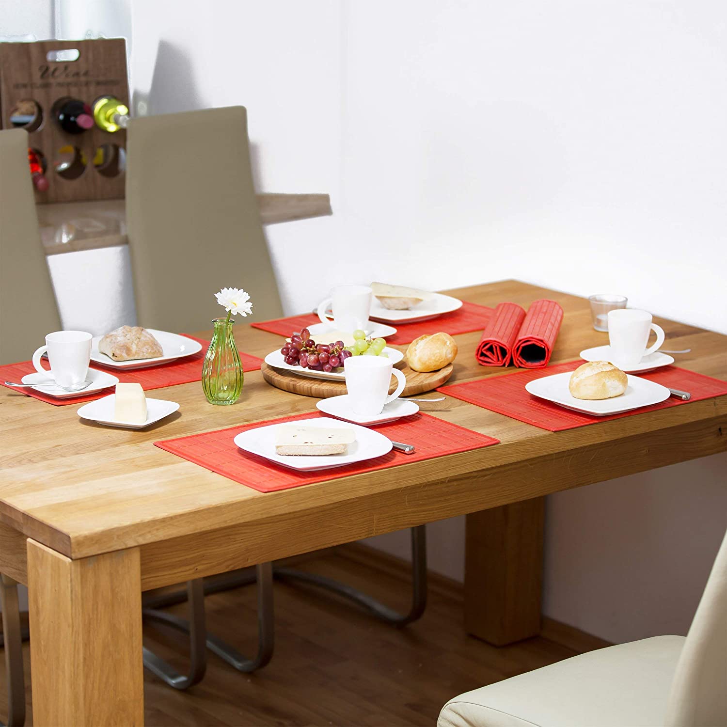 Relaxdays Place Mat Set, 6x Coaster, Tableware, Drinks, Table Protector, Square, 45 x 30 cm, Bamboo, Stylish, Red - Image 2