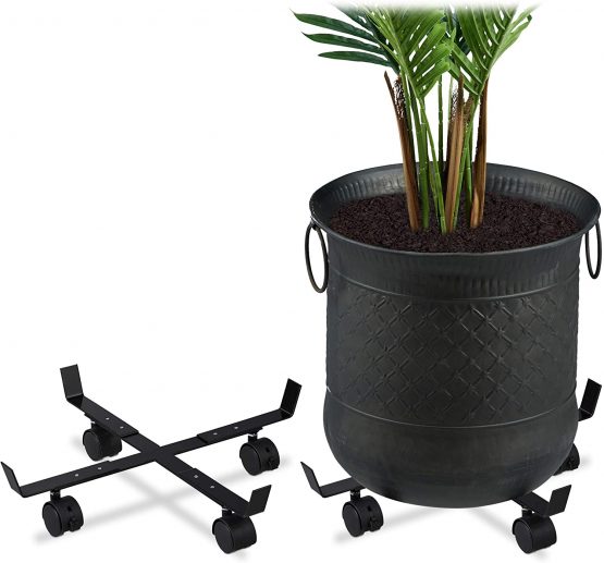 Relaxdays Extendable Plant Caddy, Set of 2, Indoors & Outdoors, Wheels, Trolley for Pots with Max. 43 cm Ø, Metal, Black,10029561