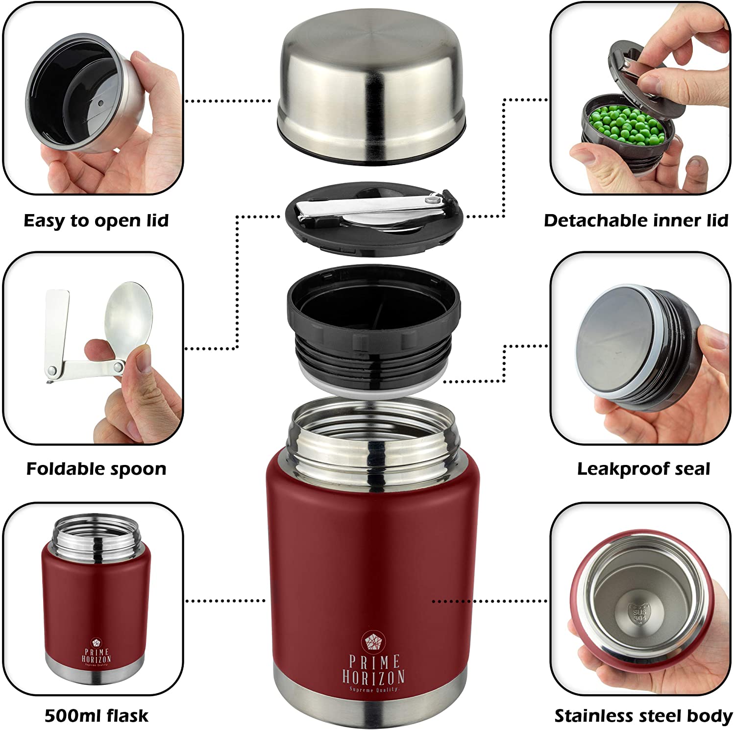 Prime Horizon Food Flask, 500ml Stainless Steel Vacuum Double Wall Jar with Folding Spoon - Image 3