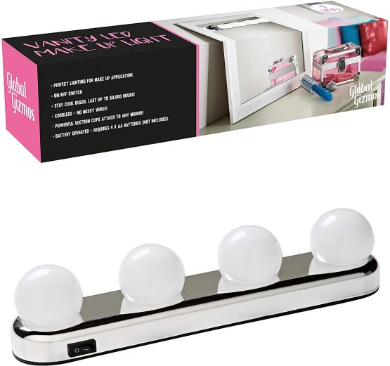 Global Gizmos 45709 LED Vanity Mirror Lights / Hollywood Style Makeup Mirror Lights / Suction Cups To Attach To Any Mirror / Battery Operated & Cordless / 30cm Length