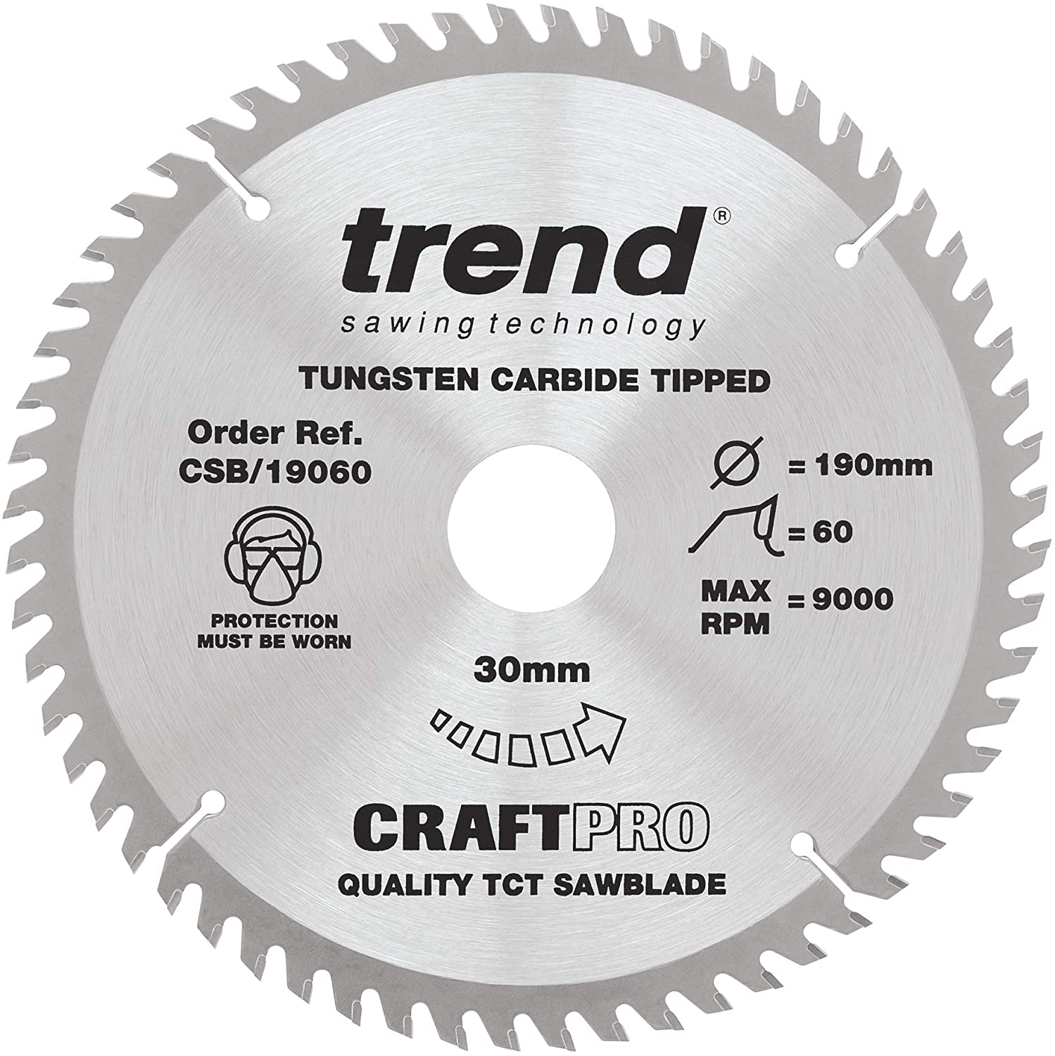 Trend Wood Circular Saw Blade, 190mm Diameter, 30mm Bore, 60 Teeth, 2.4mm Kerf, +5° Hook, TCT, Extra-Fine Finish, CSB/19060