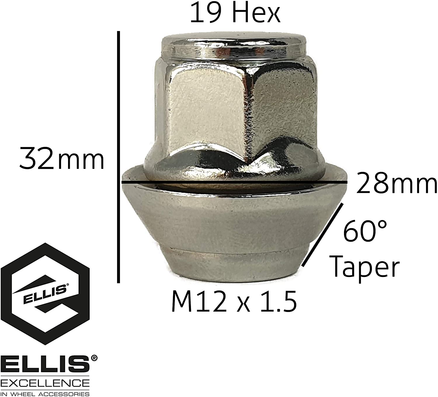 Ellis Excellence Set of Alloy Wheel Nuts. M12 x 1.5, Taper Washer, 19mm
