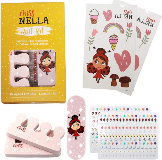 MISS NELLA NAIL KIT- Nail accessories set for kids- nail stickers, tattoos, nail filer & toe separators- all designed for children hands & toes