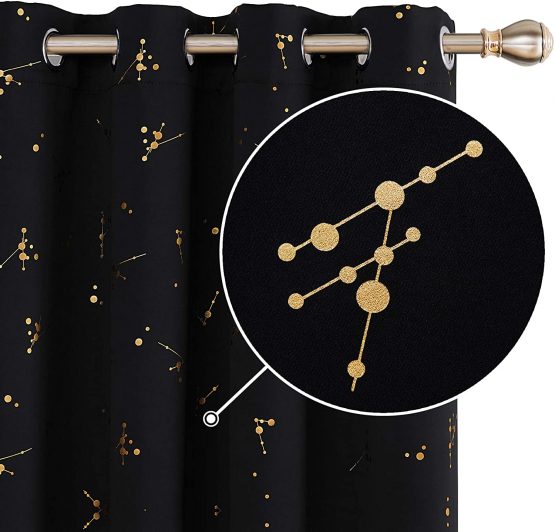 Deconovo Eyelet Curtains Blackout Curtains, Luxury Home Decoration Constellation Gold Printed Thermal Insulated Curtains for Kids Bedroom,52 x 84 Inch(Width x Length), Black, 2 panels