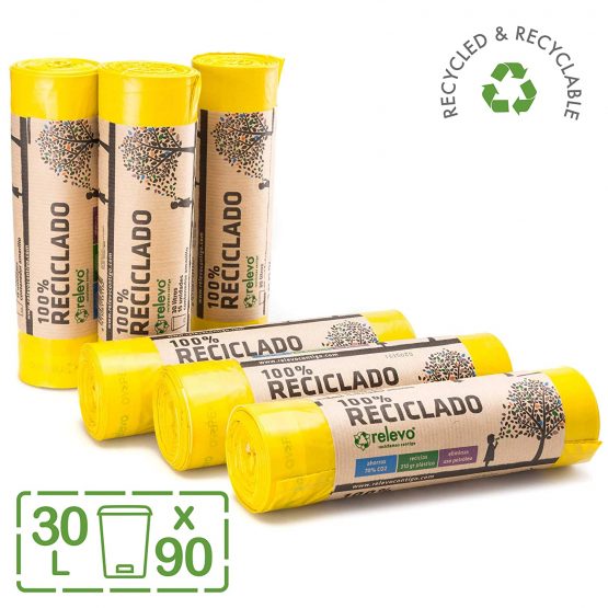 Relevo 100% Recycled Bin Liners, Heavy Duty 30L, 90 Bin Bags