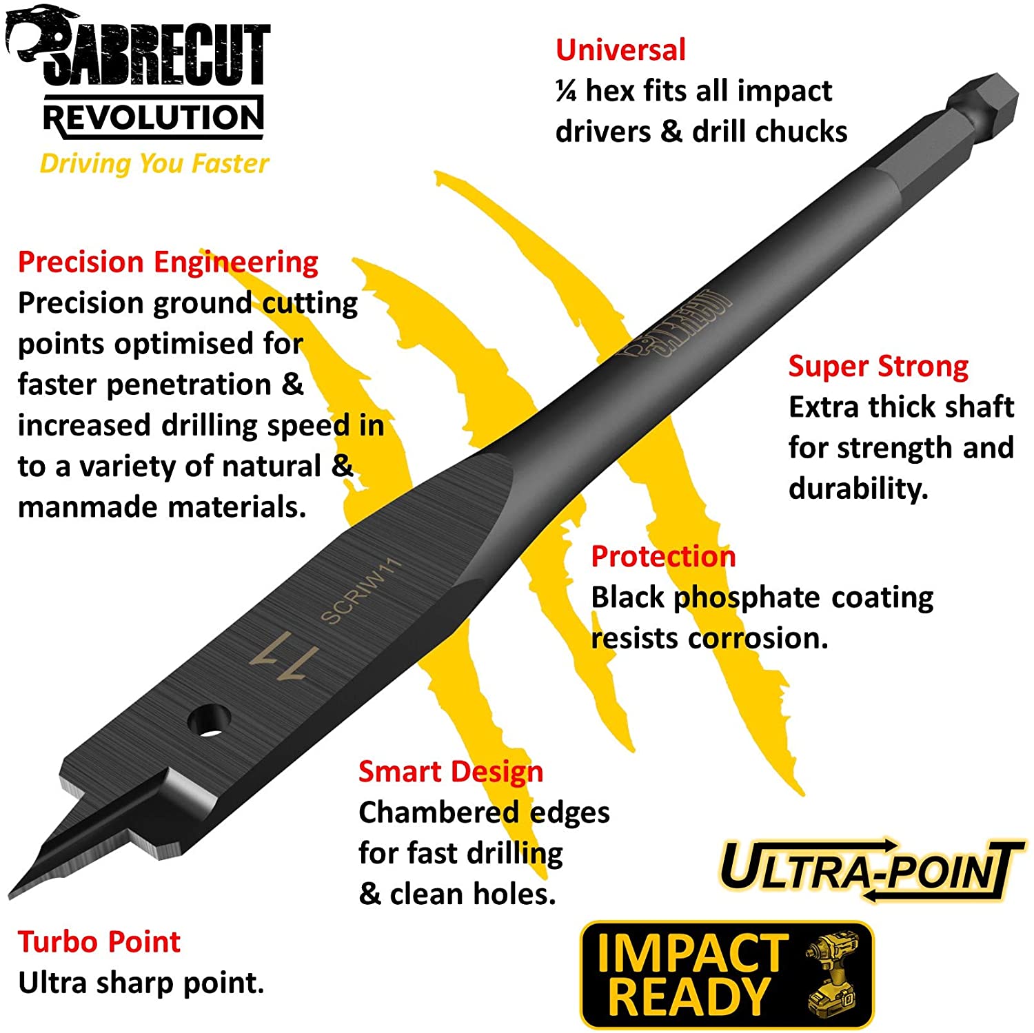 3 x SabreCut SCRIW11_3 11mm x 152mm Impact Rated Flat Wood Spade Bits for Softwood Hardwood Chipboard - Image 2