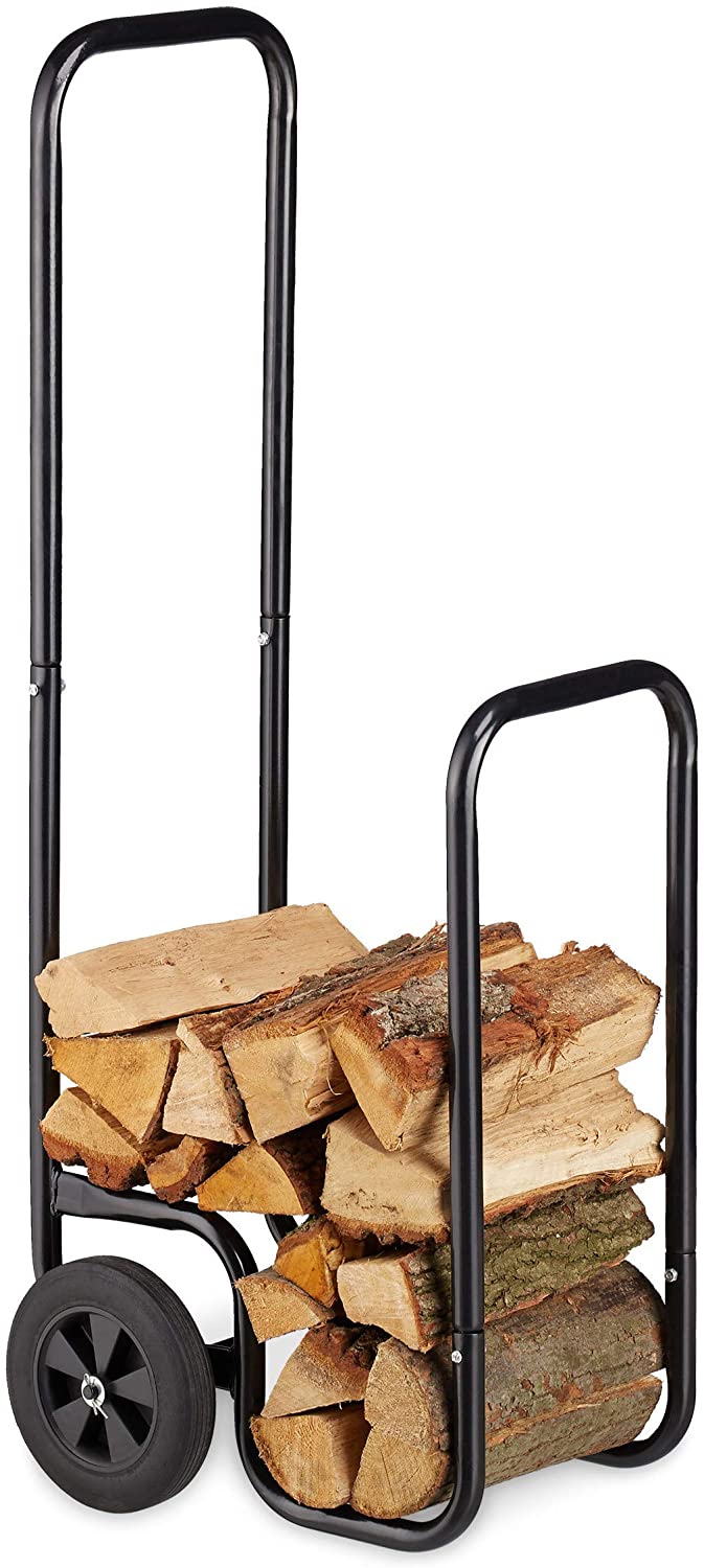 Relaxdays Log Cart, Steel Firewood Trolley, With 2 Wheels, Fireplace Wood Transport & Storage, Up To 60 kg, Black