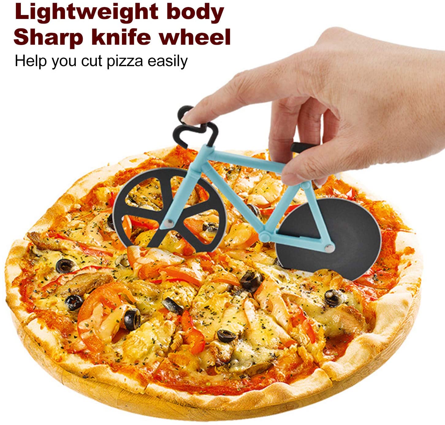 Bicycle Pizza Cutter,Stainless Steel Two-Wheel Bike Pizza Slicer with Sharp Blade for Home Kitchen, Blue - Image 2