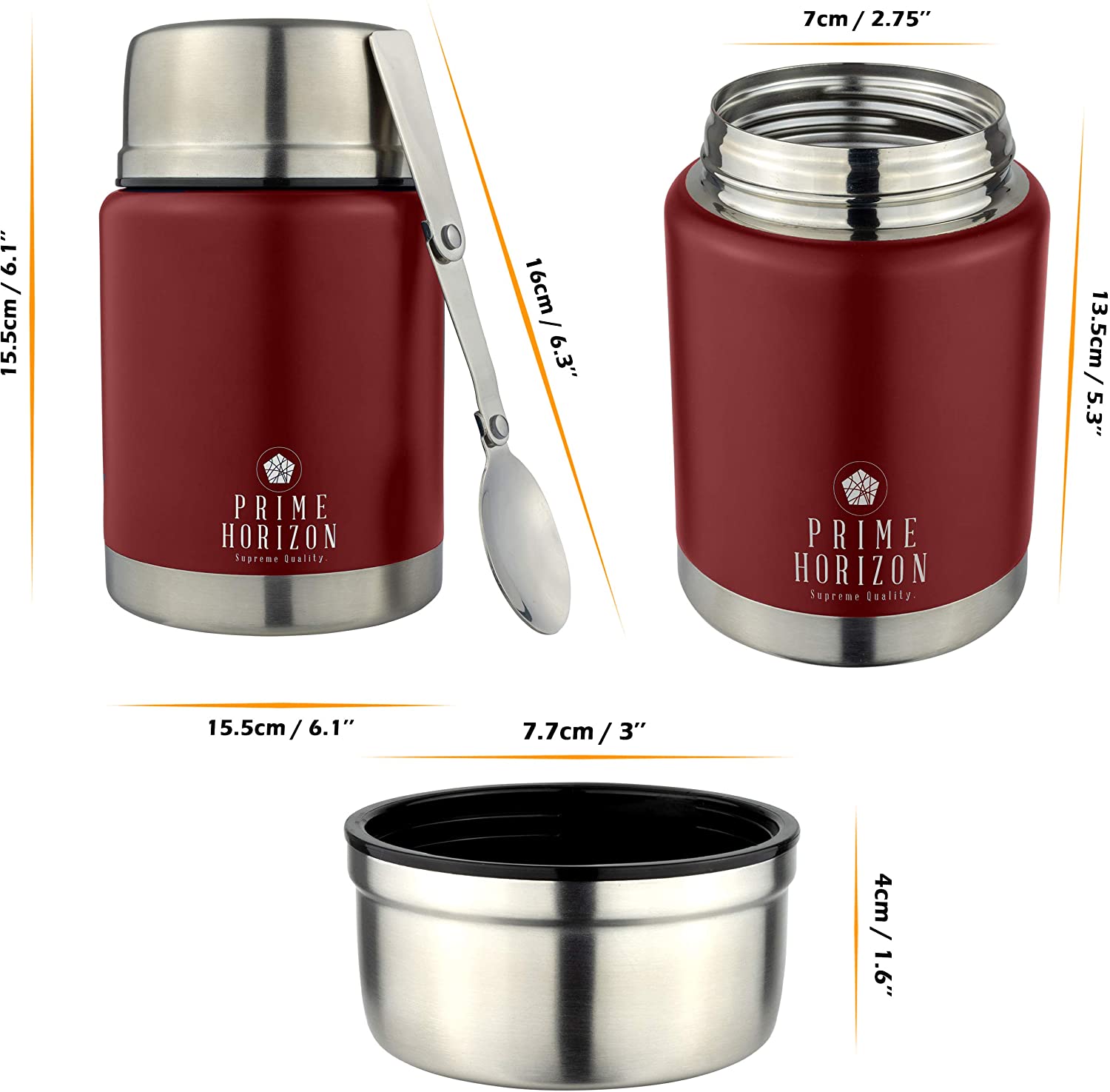 Prime Horizon Food Flask, 500ml Stainless Steel Vacuum Double Wall Jar with Folding Spoon - Image 4
