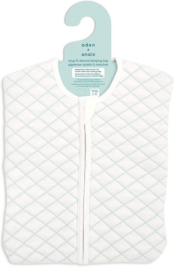 aden + anais snug fit Baby Sleeved Sleeping Bag, 100% Cotton, Wearable Swaddle Blanket for Girls & Boys, Breathable & Warm Newborn Sleep Sack, TOG Rating 1.5, 3-6 Months, Cream/Mint Stitch 40007 - Image 2