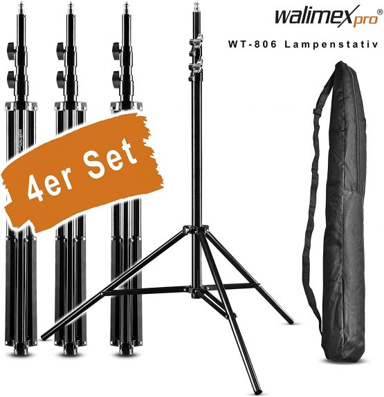 Walimex Pro WT-806 Set of 4 Light Stand (with damping spring system, max. 256 cm, 6 kg Load Capacity, Adjustable, made of aluminium, for Studio Mobile Photography Softbox Reflector Boom) with bag