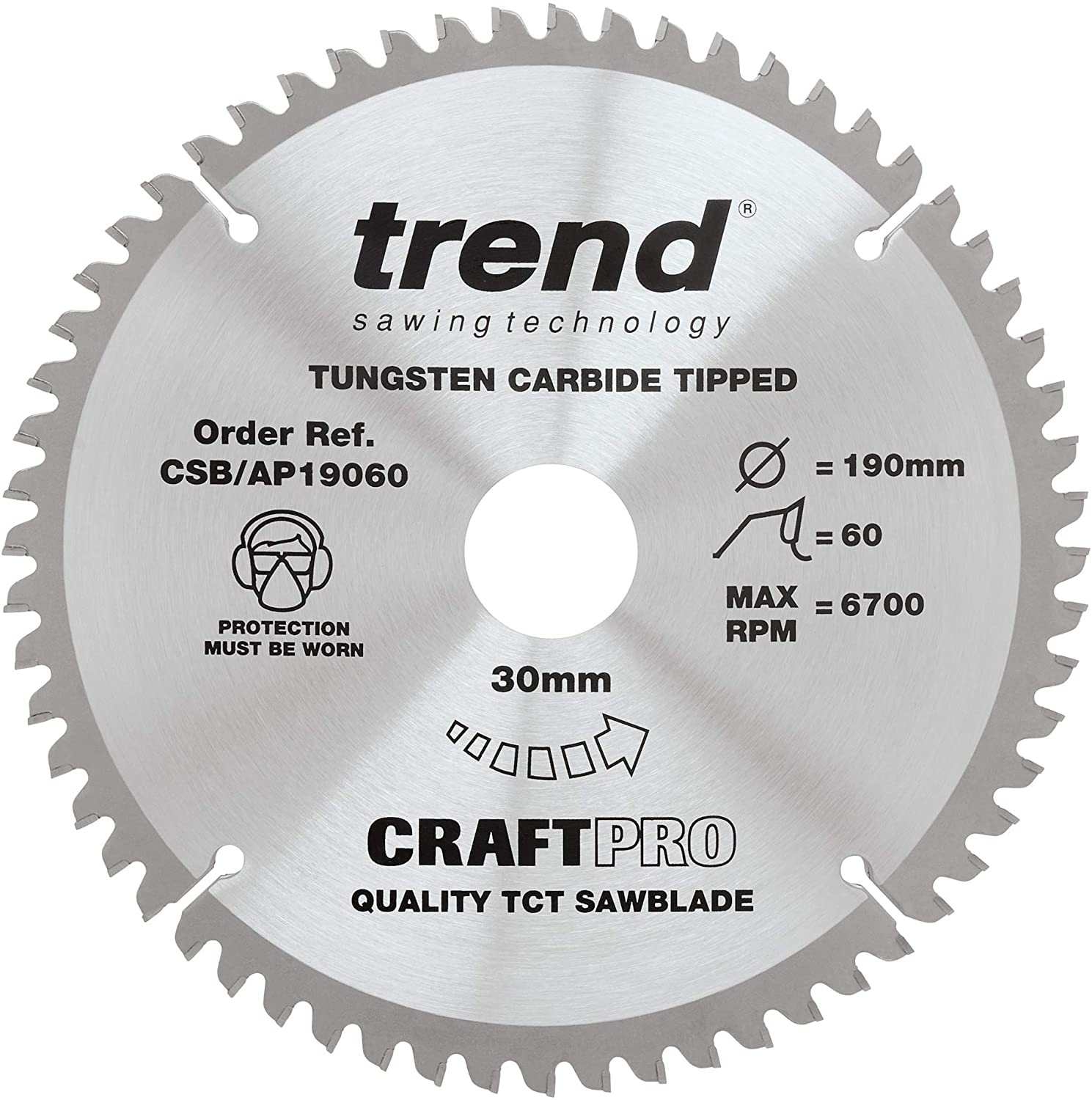 Trend Aluminium & Plastic Circular Saw Blade, 190mm Diameter, 30mm Bore, 60 Teeth, 2.8mm Kerf, -6° Hook, TCT