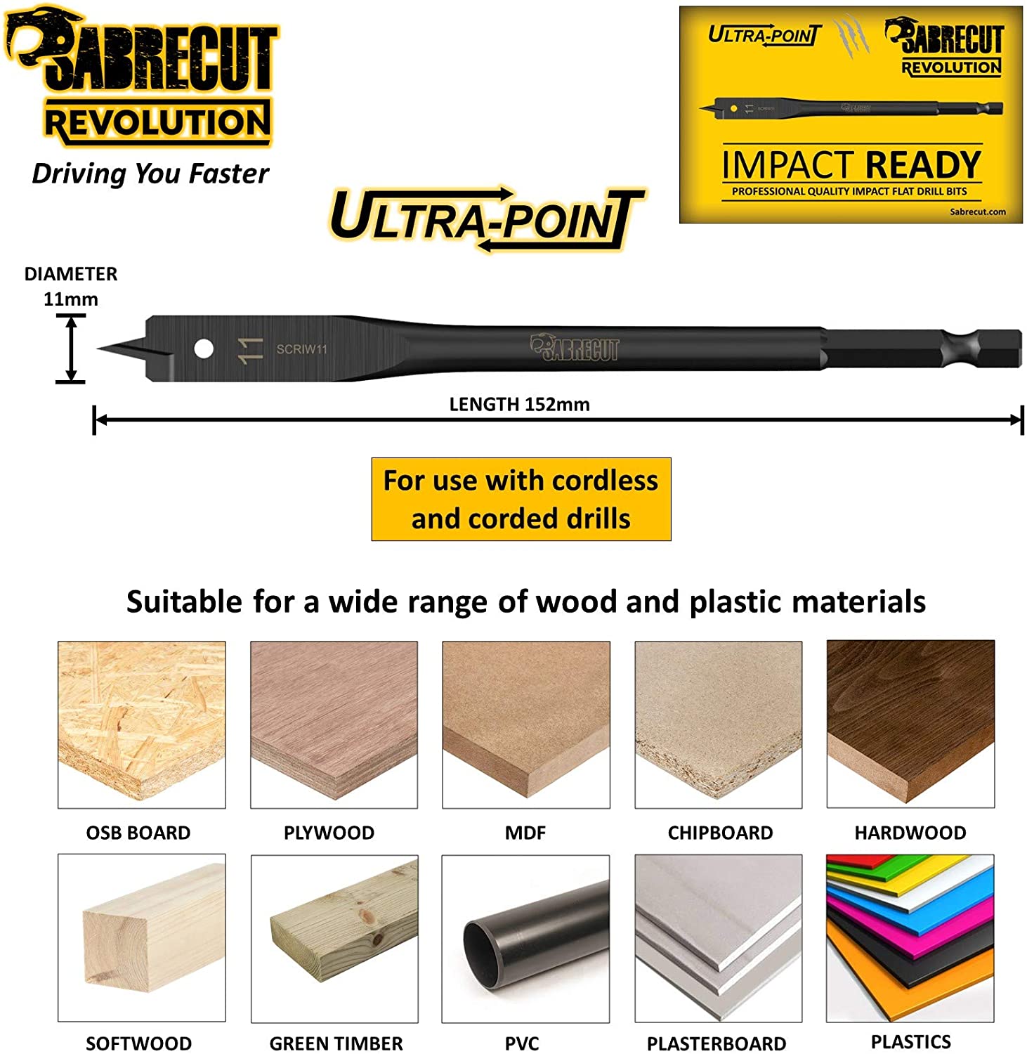 3 x SabreCut SCRIW11_3 11mm x 152mm Impact Rated Flat Wood Spade Bits for Softwood Hardwood Chipboard - Image 3