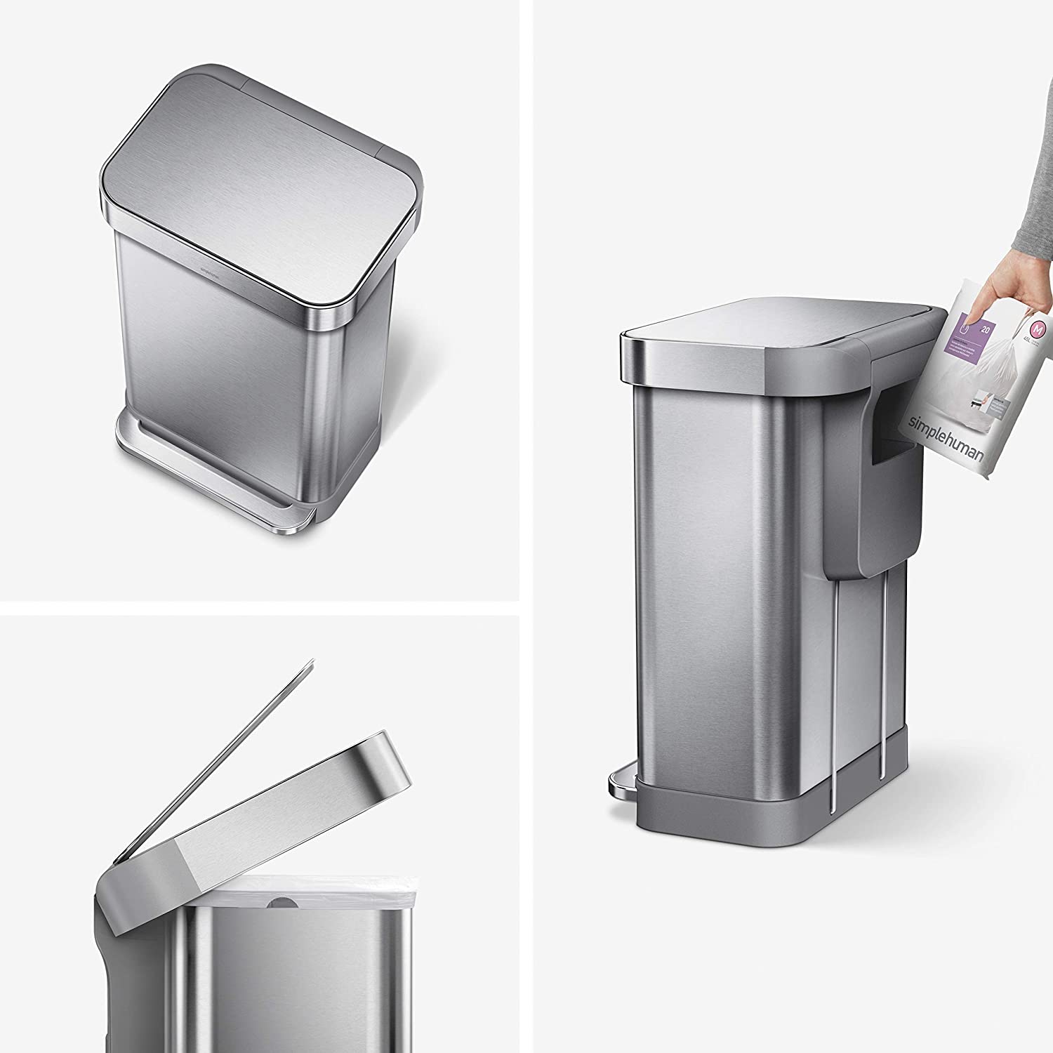 simplehuman CW2024 45L Rectangular Kitchen Pedal Bin with Liner Pocket, Silent Soft Close Lid, Strong Wide Pedal - Image 2