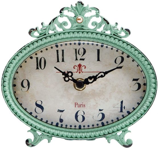 NIKKY HOME Vintage Round Quartz Analog Table Clock 16.5 x 5.5 x 15.5cm, Metal Green