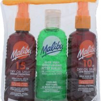 Malibu Hydrating Water Resistant Travel-Sized Sun Spray Oil Pack with Bag, SPF 10 and SPF 15 Dry Oil Spray 100ml and Aloe Vera After-Sun 100ml (3 Pack)