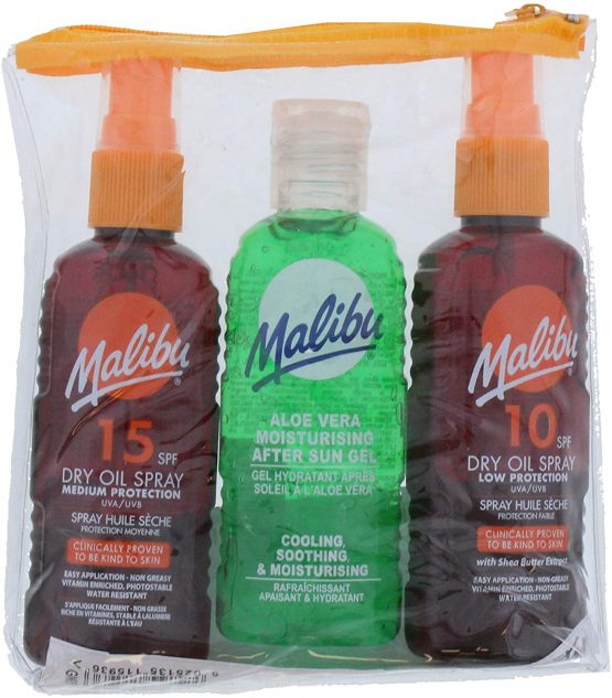 Malibu Hydrating Water Resistant Travel-Sized Sun Spray Oil Pack with Bag, SPF 10 and SPF 15 Dry Oil Spray 100ml and Aloe Vera After-Sun 100ml (3 Pack)