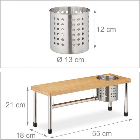 Relaxdays Kitchen Counter Organizer, Roll Holder & Utensil Storage, Spice Rack, Sink Shelf, Bamboo, Natural/Silver - Image 4