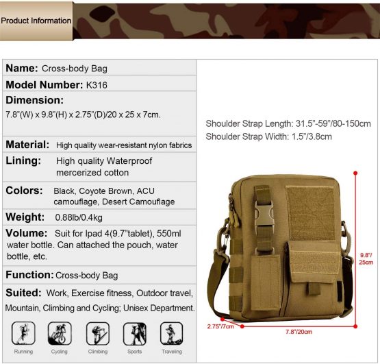 HUNTVP Messenger Bag Crossbody Shoulder Bag Casual Pack Key Satchel Multiple Pockets for Men Work and School Sport Outdoors - Image 2