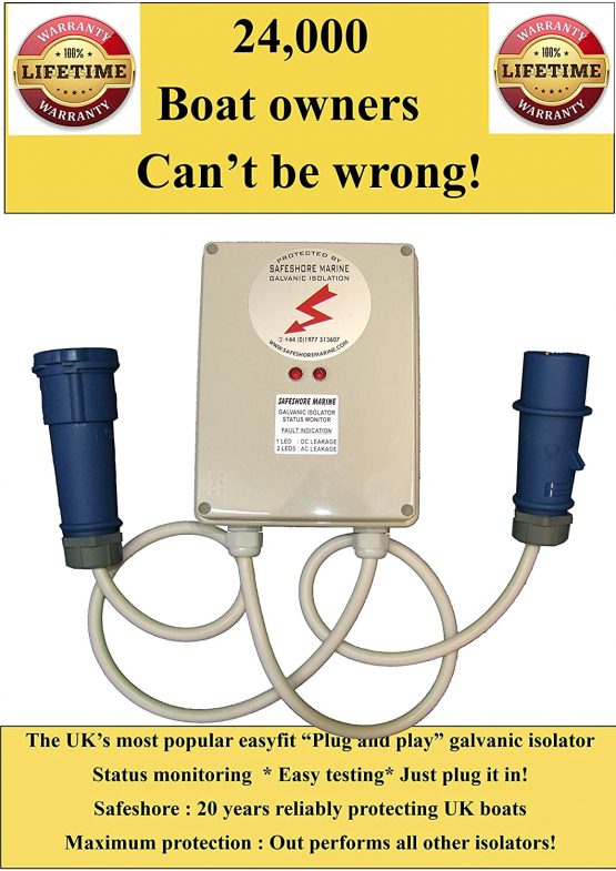 XMAS special offer SAVE £55.95! Marine Galvanic isolator model GI00smi inline. Simply plug it in to protect your boat from corrosion. Built in status monitoring offering maximum galvanic protection for all boats and yachts Uk' Best selling isolator! Over 24,000 UK boats are protected by Safeshore galvanic isolators! Full lifetime warranty!