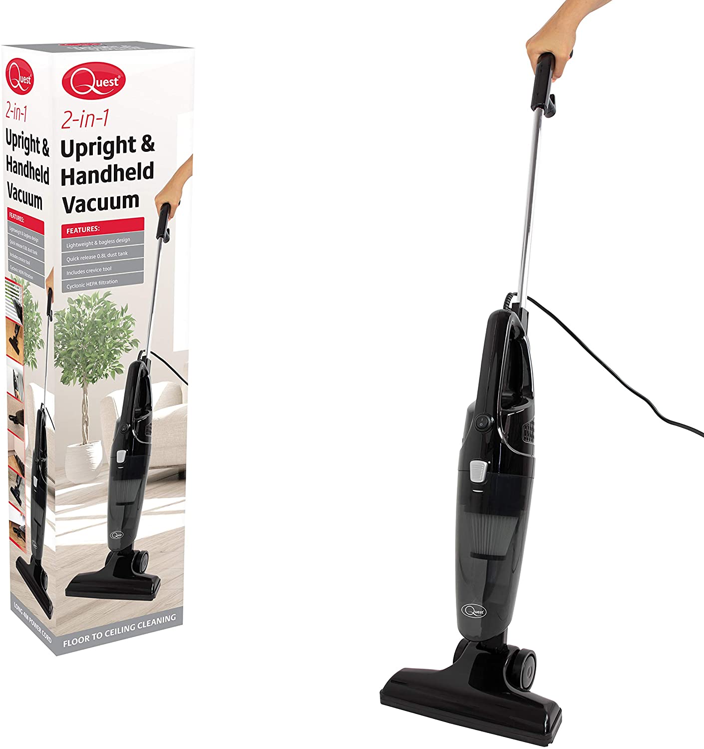 Quest 44839 2-in-1 Bagless Vacuum Cleaner/Use Upright or Handheld/Lightweight Compact Design/HEPA Filter/Attachments Included / 600W Power/Black Colour