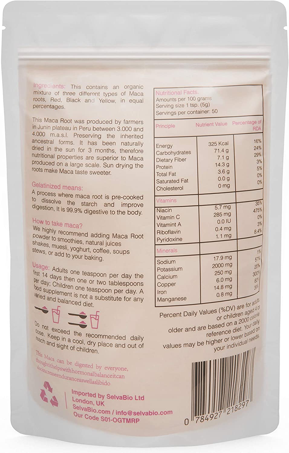 SelvaBio Triple Maca Root Powder, Gelatinised, Certified Organic, Black Red & Yellow Blend, Single Origin, Peru, Vegan - Image 2