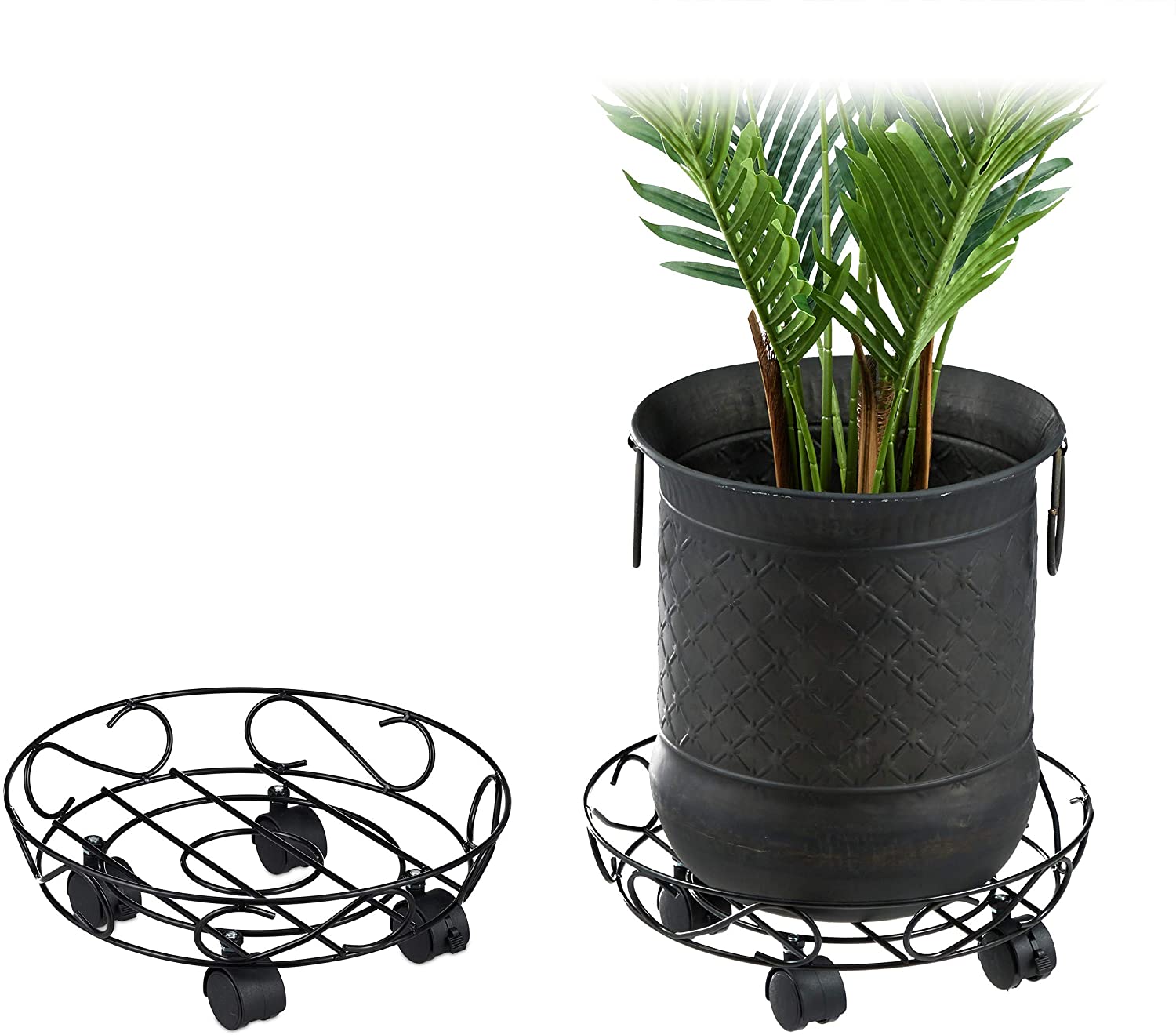 Relaxdays Plant Caddy, Set of 2, Round, Indoors & Outdoors, Brakes